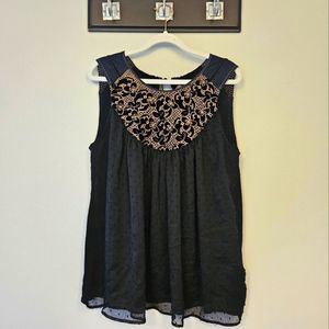 Anthropologie Black Tank Top with Gold Embroidered Yoke
